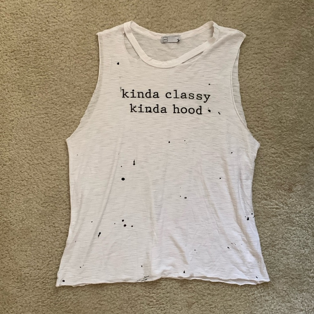Distressed “Kinda Classy Kinda Hood” Sleeveless Top